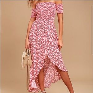 Lulus Tranquility Red Floral Print OTS Dress